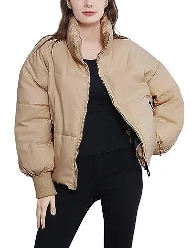 Produktbild: Vanchenl Damen Winter Casual Zip Warm Puffer Jacke Lose Stand Kragen Langarm Kurz Gepolstert Daunenmäntel Khaki S