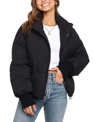Produktbild: Vanchenl Damen Winter Casual Zip Warm Puffer Jacke Lose Stand Kragen Langarm Kurz Gepolstert Daunenmäntel Schwarz XS