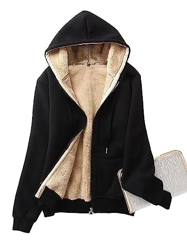 Produktbild: Vanchenl Damen Winter Sherpa Fleece Gefüttert Hoodies Zip Up Warm Sweatshirt Jacke Mantel Schwarz XL