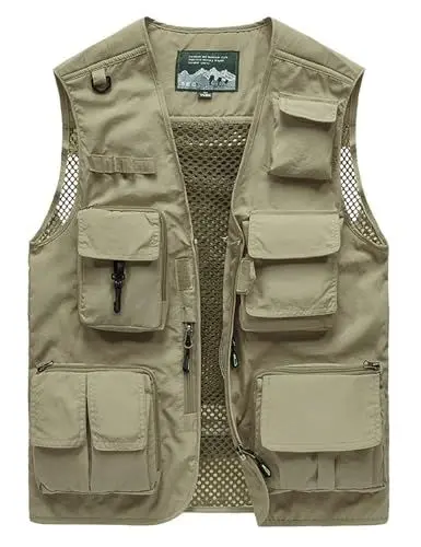 Produktbild: Vanchenl Herren Freizeit Safari Angeln Outdoor Arbeit Weste Jacke Foto Reise Cargo Mesh Weste Multi Taschen Khaki M
