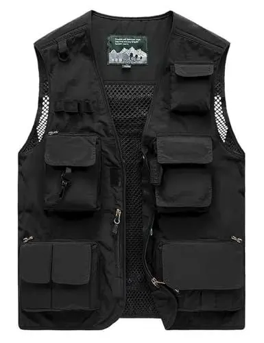 Produktbild: Vanchenl Herren Freizeit Safari Angeln Outdoor Arbeit Weste Jacke Foto Reise Cargo Mesh Weste Multi Taschen Schwarz L