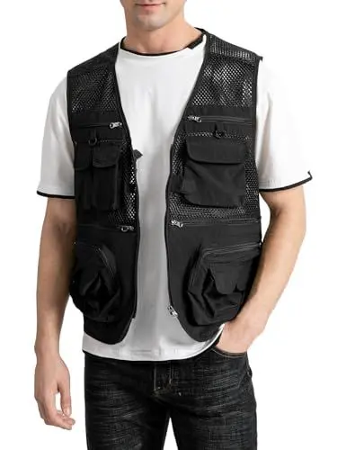 Produktbild: Vanchenl Herren Outdoor Arbeit Mesh Angeln Weste Utility Multi Pocket Schießen Safari Reise Fotografie Waistcoatt Schwarz XL