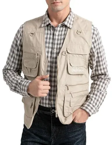 Produktbild: Vanchenl Herren Utility Weste Safari Reise Cargo Outdoor Arbeit Leichtes Foto Schießen Weste mit Taschen Beige M