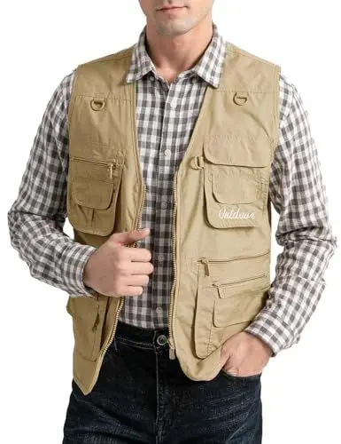 Produktbild: Vanchenl Herren Utility Weste Safari Reise Cargo Outdoor Arbeit Leichtes Foto Schießen Weste mit Taschen Khaki M