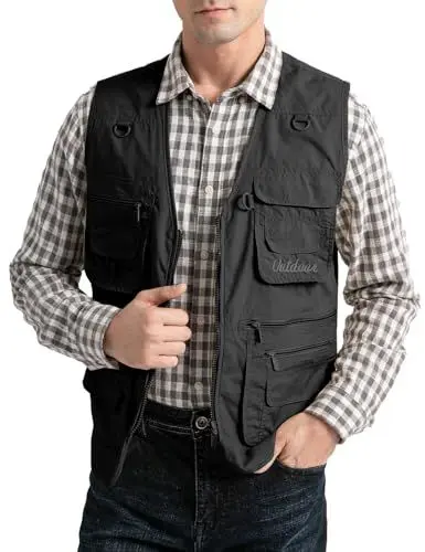 Produktbild: Vanchenl Herren Utility Weste Safari Reise Cargo Outdoor Arbeit Leichtes Foto Schießen Weste mit Taschen Schwarz L