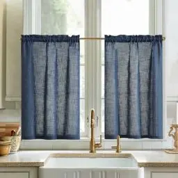 Produktbild: Vangao Einfarbig Scheibengardine Modern Küche Leinenoptik Bistrogardine 2er Set 65Bx60Hcm Vorhänge Halbtransparent Küchengardinen mit Stangendurchzug für Wohnzimmer Landhaus Gardinen Kurz Indigo Blau