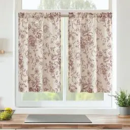 Produktbild: Vangao Scheibengardinen Modern Küche Vorhang Kurz Blumen Vintage Leinenoptik Bistrogardine 2er Set 65Bx60Hcm Landhausstil Wohnwagen Vorhänge Rot und Beige Wohnzimmer Küchengardinen Halbtransparent