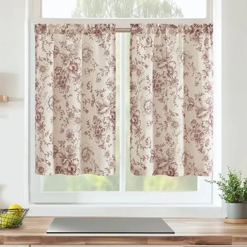 Produktbild: Vangao Scheibengardinen Modern Küche Vorhang Kurz Blumen Vintage Leinenoptik Bistrogardine 2er Set 65Bx60Hcm Landhausstil Wohnwagen Vorhänge Rot und Beige Wohnzimmer Küchengardinen Halbtransparent