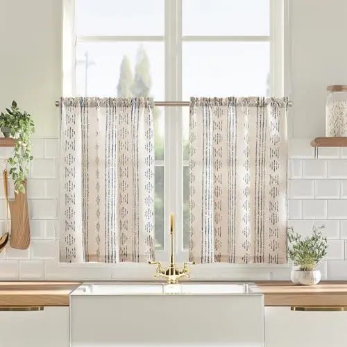 Produktbild: Vangao Küche Scheibengardinen Leinen Bistrogardine für Fenster Esszimmer Küchengardinen Landhausstil Halbtransparent Vorhänge Kurz Bauernhaus Geometrisch Gestreifte 2erSet 65Bx90H(cm) Blau auf Beige