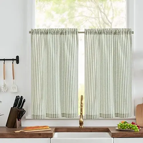 Produktbild: Vangao Streifen Grün Scheibengardinen Modern Küche Leinenoptik Bistrogardine 2er Set 65Bx90Hcm mit Stangendurchzug Halbtransparente Gestreifte Landhaus Gardinen Kurz Kurzstores Wohnzimmer Wohnwagen