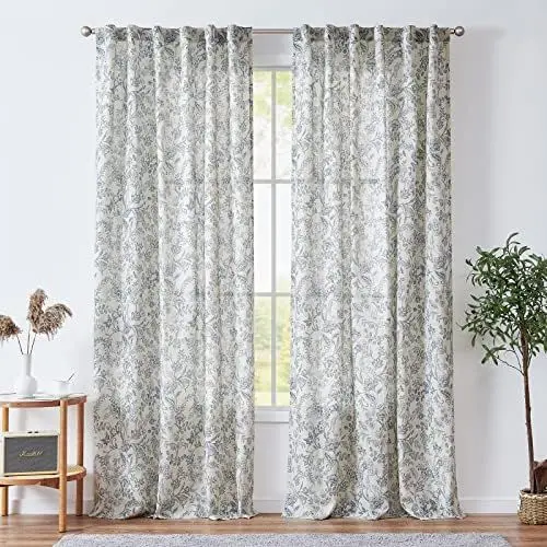 Produktbild: Vangao Leinenoptik Gardinen mit verdeckten Schlaufen Blumen Vorhänge Landhaus 140Bx210H(cm) Halbtransparente Fenster Vorhang für Wohnzimmer Schlafzimmer Badezimmer Pflanze 2 Panels Blau auf Beige