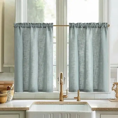 Produktbild: Vangao Scheibengardine Leinen Bistrogardine Küche Einfarbig Modern Vorhänge Halbtransparent Paarig Schals Küchengardinen mit Kräuselband für Wohnzimmer Landhaus Kleine Fenster 2er-Set 65x60cm Olive