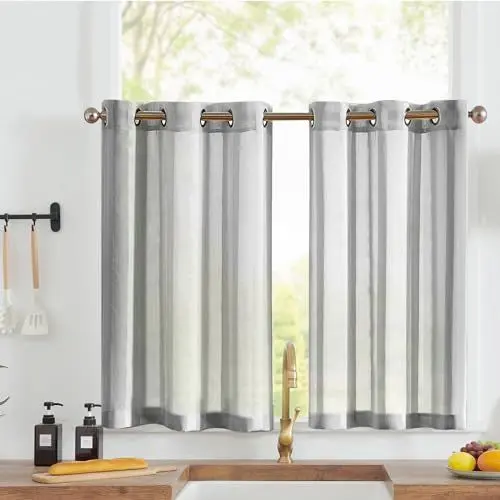 Produktbild: Vangao Scheibengardinen Modern Küche Voile Vorhang kurz mit Ösen Streifen Grau Transparent Bistrogadine 2er Set 90Bx115Hcm Landhaus Gestreift Küchenvorhang Kurzstores Wohnwagen Wohnmobil
