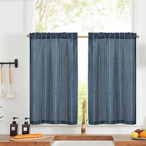Produktbild: Vangao Streifen Scheibengardinen Leinenoptik Modern Küche Blau Bistrogardine 2er set 65Bx60Hcm Gardinen Kurz mit Stangendurchzug Vorhang Halbtransparente Marine Küchengardinen für Wohnwagen Wohnzimmer