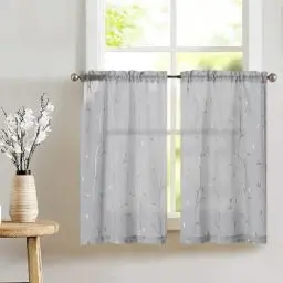 Produktbild: Vangao Voile Scheibengardinen Küche Modern Grau Gestickt Bistrogadine 2er Set 65Bx60Hcm mit Stangendurchzug Landhaus gardinen Kurz Küchengardinen für Badezimmer Wohnwagen küchen Halbtransparente