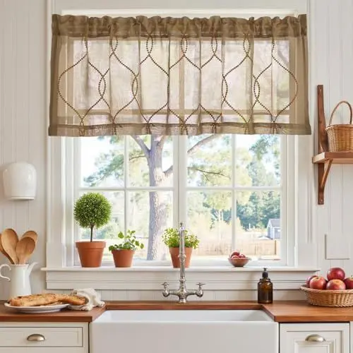 Produktbild: Vangao Voile Scheibengardinen Modern Braun Gestickt Bistrogadine 1er Set 140Bx40Hcm Landhaus Wohnwagen Gardinen kurz Küchengardinen mit Stangendurchzug für küchen Wohnzimmer Halbtransparent