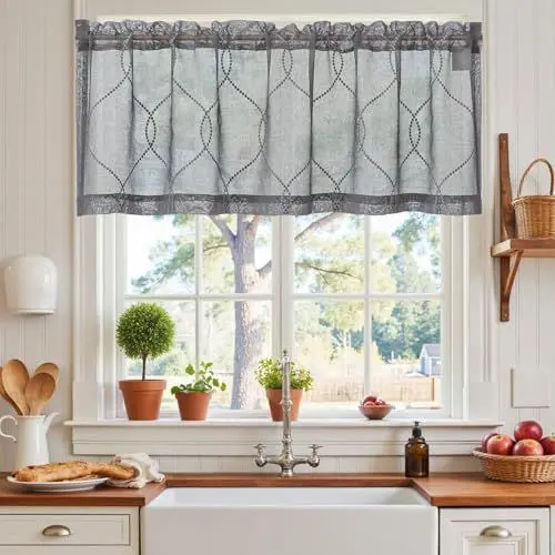 Produktbild: Vangao Voile Scheibengardinen Modern Grau Gestickt Kurzstores Bistrogadine 1er Set 140Bx40Hcm Landhaus Wohnwagen Gardinen kurz Küchengardinen mit Stangendurchzug für Badezimmer halbtransparent