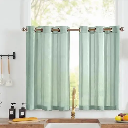 Produktbild: Vangao Voile Scheibengardinen Modern mit Ösen Streifen Transparent Blaugrün Bistrogadine 2er Set 90Bx60Hcm Landhaus Gardinen kurz Gestreift Kurzstores Küchengardinen Badezimmer Wohnwagen Klein Fenster