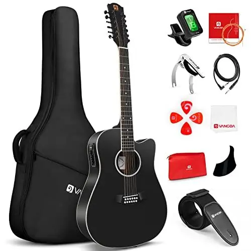 Produktbild: Vangoa 12 saitige Westerngitarre mit Tonabnehmer 4-Band EQ Elektro Akustische Gitarre 41 Zoll, Schwarz