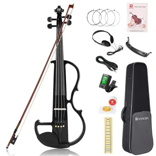 Produktbild: Vangoa 4/4 Elektrische Violine E Geige aus Massivem Holz Electric Stille Violine in Volle Größe mit Kolophonium, Tragetasche, Audiokabel, Schulterstütze, Bogen, Schwarz