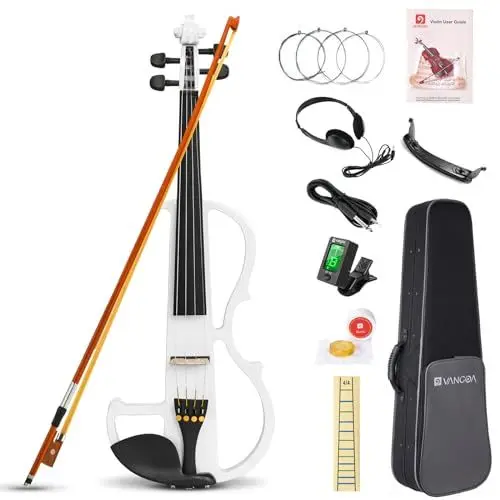 Produktbild: Vangoa 4/4 Elektrische Violine Geige aus Massivem Holz Electric Stille Violine in Volle Größe mit Kolophonium, Tragetasche, Audiokabel, Schulterstütze, Bogen, Weiß