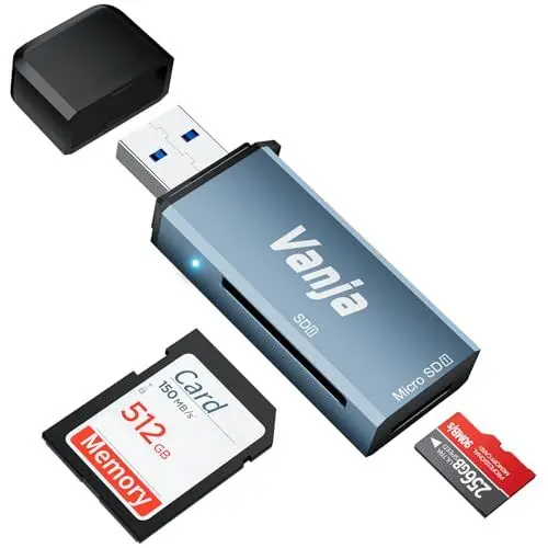Produktbild: Vanja SD Kartenleser, USB 3.0 SD Karten Adapter High-Speed SD Card Reader Unterstützt SD/MicroSD/SDHC/SDXC/MMC/UHS-I Karte Kompatibel mit Mac, Windows, Linux, PC, Laptop