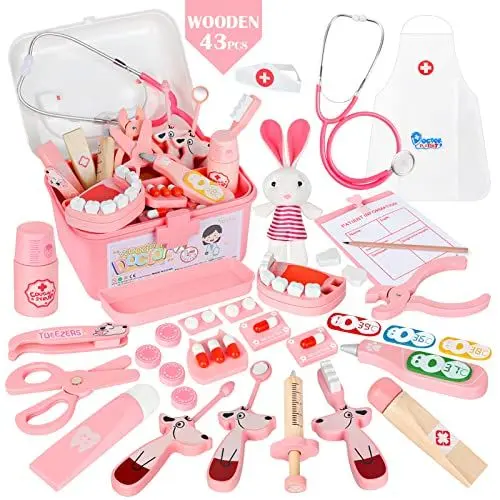 Produktbild: Vanplay Arztkoffer Kinder Holz Rosa Mit Arztkittel für Kinder Junge Mädchen über 3 4 5 Jahren (43Stk)