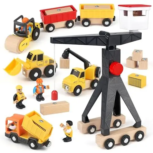 Produktbild: Vanplay Baustellenfahrzeuge Kinder Kran Spielzeug Holzspielzeug Baustelle Spielzeug ab 3 Jahre Junge mit Turmkran Bagger Kranwagen Muldenkipper Straßenwalze Geschenk 3 4 5 Jahre Junge