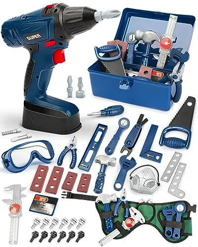 Produktbild: Vanplay Werkzeugkoffer Kinder Werkzeug mit Werkzeugkasten Elektrische Spielzeug Bohrmaschine Werkzeuggürtel Kinderspielzeug ab 3 4 5 6 7 Jahre Jungen Mädchen Kinder (52 STK)