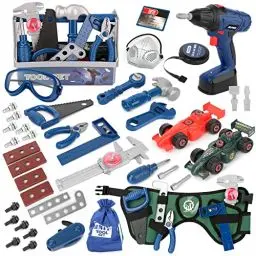 Produktbild: Vanplay Spielzeug ab 3 Jahre Werkzeugkoffer Kinder Werkzeug mit Werkzeugkasten, Massband, Montage Auto, Bohrmaschine, Werkzeuggürtel, STEM Spielzeug für Kinder 3-7 Junge Mädchen（87 STK）