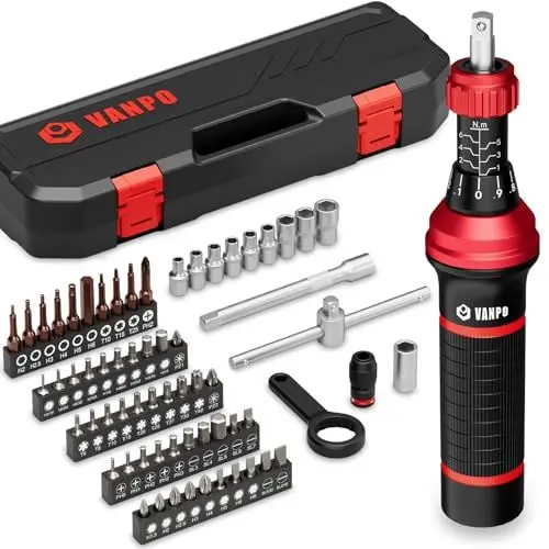 Produktbild: VANPO 1/4 Zoll Drehmomentschraubendreher-Set, 64-teilig, 1–6 NM Drehmomentschlüssel-Schraubendreher-Set mit T-Bar und S2-Bits für Optik, Elektronik, Smart Locks und Heimwerkerreparaturen