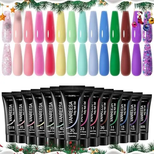 Produktbild: VANREESA Poly Nägel Gel Set, 14 Farben Poly Nail Gel Set mit Rosa Blau Grün Lila Glitzer Regenbogen Poly Nagelgel Set Poly Nagelverlängerung Gel Set Geschenk für Frauen