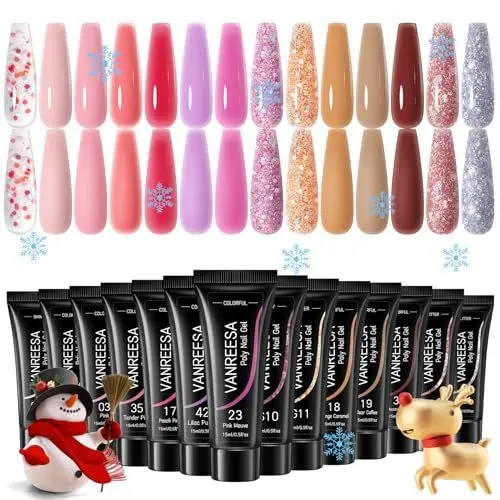 Produktbild: VANREESA Polygel Starter Set, 14 Farben Poly Nägel Kit Rosa Rot Braun Gold Glitzer Polygel Set Builder Nail Gel Starterset Nagelstudio Set Geschenk für Frauen