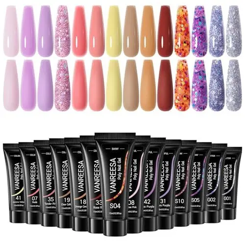 Produktbild: VANREESA Poly Nail Gel Set, 14 Farben Poly Nagelgel Set Pink Nude Glitter Poly Nagelverlängerung Gel Set Starter Set Geschenk für Frauen