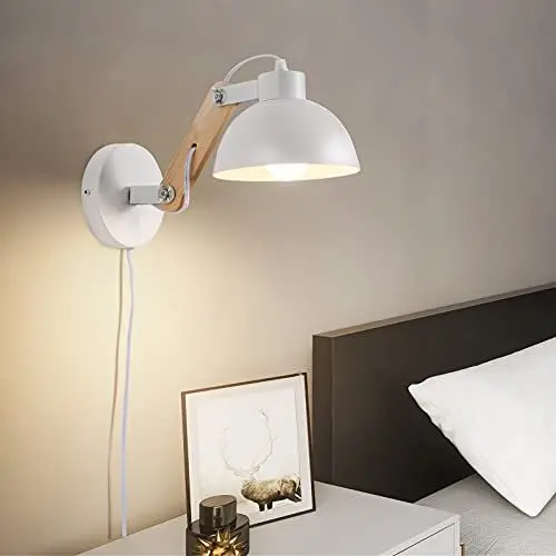 Produktbild: VANSINTEK Moderne Wandleuchte mit Steckerkabel, Weiße Wandleuchten mit Schalter Innen Schlafzimmer Nachttisch Montiert LED Leseleuchten E27 Sockel Metall Up Down Lampenschirm für Wohnzimmer