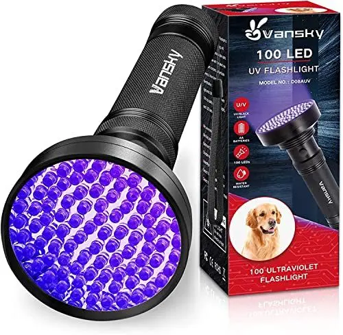 Produktbild: Vansky UV-Lampe Schwarzlichtlampe, Ultraviolett 100 UV LED Taschenlampe 395nm, Blaulicht Trocken Katzen Hund Haustiere Urin Detektoren, Batterien Nicht Enthalten