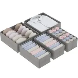 Produktbild: Vantimo Aufbewahrungsboxen für Schubladen, 6er Unterwäsche-Organizer, Schubladen-Organizer, Faltbare Aufbewahrungsbox Stoff für Socken, Unterwäsche, BHS, Krawatten und Schals, Grau