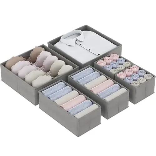 Produktbild: Vantimo Aufbewahrungsboxen für Schubladen, 6er Unterwäsche-Organizer, Schubladen-Organizer, Faltbare Aufbewahrungsbox Stoff für Socken, Unterwäsche, BHS, Krawatten und Schals, Grau
