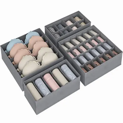 Produktbild: Vantimo Unterwäsche Organizer, Schubladen Organizer, Aufbewahrungsbox für Unterwäsche, faltbare Schubladen Organizer, Schrank Socken, BHs und Krawatten, Ordnungssystem Kleiderschrank, 4er Set, Grau