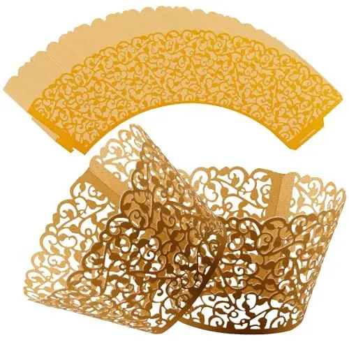 Produktbild: Vanyibro 50 Stück Perlen-Spitze Filigrane Hochzeit Cupcake Wrapper,Elegante Backen Kuchen Cup Wraps für besondere Anlässe (Golden)