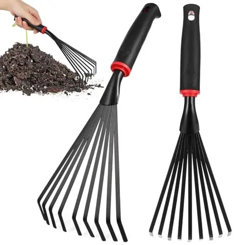 Produktbild: VANZACK 2 Stück Garten-Handrechen Metall-Ascherechen Handfräse Mini-Gartenkultivator Werkzeuge Tragbarer Rechen Mit Griff Und 9 Zinken Für Hof Rasen Strauch Blumenbeete