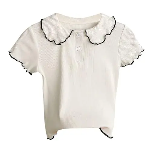 Produktbild: vaolkwsacz Kurzarm-T-Shirt für Mädchen im Sommerstil, Puppenkragen, dünne Oberteile mit halben Ärmeln für Babys, und mittelgroße O Mädchen Bluse (White, 7-8 Years)