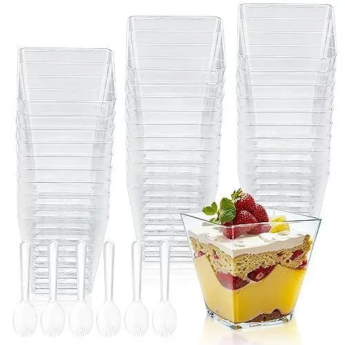Produktbild: VARHHUXHA 50 Stk Dessertbecher, Dessertschalen, wiederverwendbare Plastik Dessertbechern, 120 ml/4,05 oz clear Desserttasse für Dessert, Pudding, Kleinigkeiten, Party, mit 50 x Suppenlöffeln