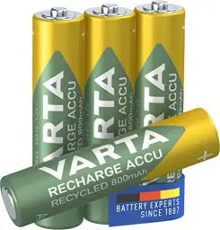 Produktbild: VARTA Batterien AAA, wiederaufladbar, 4 Stück, Recharge Accu Recycled, Akku, 800 mAh Ni-MH, aus 21% recyceltem Material, vorgeladen, sofort einsatzbereit