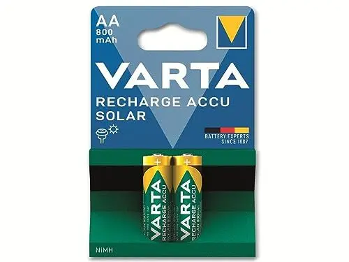 Produktbild: VARTA Batterien AA, wiederaufladbar, 2 Stück, Recharge Accu Solar, Akku, 800 mAh Ni-MH, sofort einsatzbereit, für Solar-Gartenleuchten entwickelt