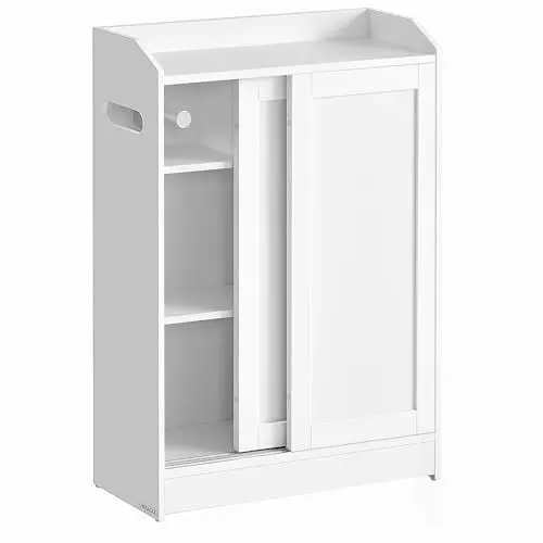 Produktbild: VASAGLE Badezimmerschrank, Badschrank platzsparend, Toilettenrollenhalter, Toilettenbürstenhalter, Schiebetüren, verstellbare Einlegeböden, neben der Toilette, 20 x 60 x 80 cm, wolkenweiß BBC752W01
