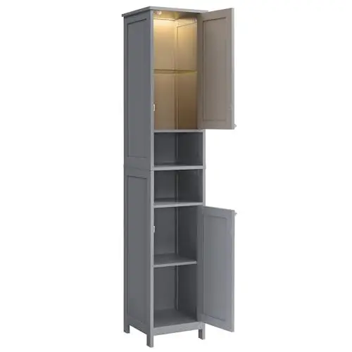 Produktbild: VASAGLE Badezimmerschrank mit Beleuchtung, hoch, schlanker Badschrank, Aufbewahrungsschrank mit verstellbaren Ablagen, offene Fächer, für kleine Räume, modern, Taubengrau BBC566G03