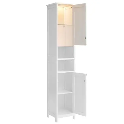 Produktbild: VASAGLE Badezimmerschrank mit Beleuchtung, hoch, schlanker Badschrank, Aufbewahrungsschrank mit verstellbaren Ablagen, offene Fächer, für kleine Räume, modern, wolkenweiß BBC566W03