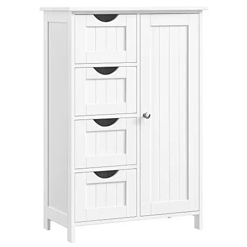 Produktbild: VASAGLE Badezimmerschrank, schmaler Badschrank, Beistellschrank, Kommode, mit 4 Schubladen, Schranktür, verstellbare Ablage, 30 x 55 x 82 cm, weiß LHC41W