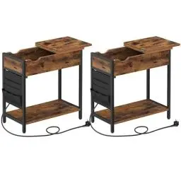 Produktbild: VASAGLE Beistelltisch, 2er Set, Nachttisch mit Steckdose, schmal, mit USB-Anschlüssen, Tasche, für Wohnzimmer, Schlafzimmer, vintagebraun-schwarz LCT647B01